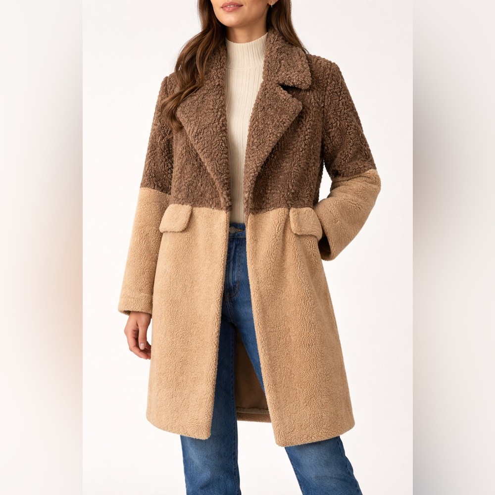 7 For All Mankind Two-Tone Teddy Coat Brown Camel Sherpa Jacket Size XS - Picture 1 of 9